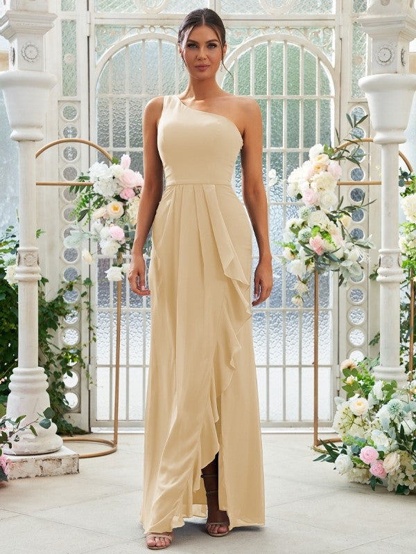 Sheath/Column Chiffon Ruffles One-Shoulder Sleeveless Floor-Length Bridesmaid Dresses Evening Prom Dress