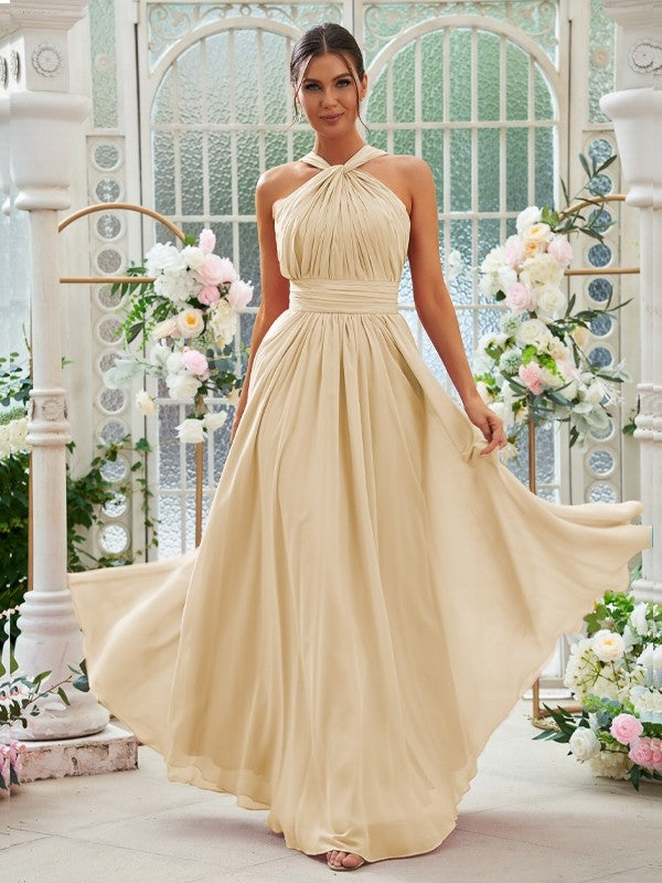 A-Linie/Princess-Linie Chiffon Rüschen Neckholder Ärmellos Bodenlang Brautjungfernkleider Abendkleid