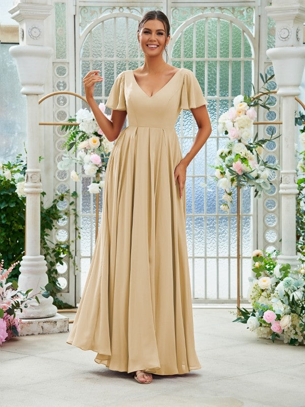A-Line/Princess Chiffon Ruffles V-neck Short Sleeves Floor-Length Bridesmaid Dresses Evening Prom Dress