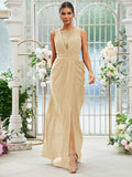 Sheath/Column Chiffon Ruched Scoop Sleeveless Floor-Length Bridesmaid Dresses Evening Dress