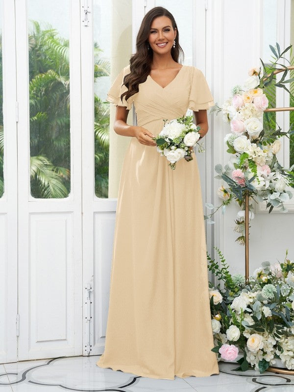 A-Line/Princess Chiffon Ruffles V-neck Short Sleeves Floor-Length Bridesmaid Dresses Evening Dress