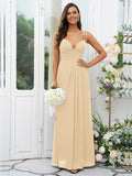 A-Line/Princess Chiffon Ruched V-neck Sleeveless Floor-Length Bridesmaid Dresses Evening Prom Dress