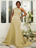 Sheath/Column Satin Lace One-Shoulder Sleeveless Sweep/Brush Train Bridesmaid Dresses Evening Dress
