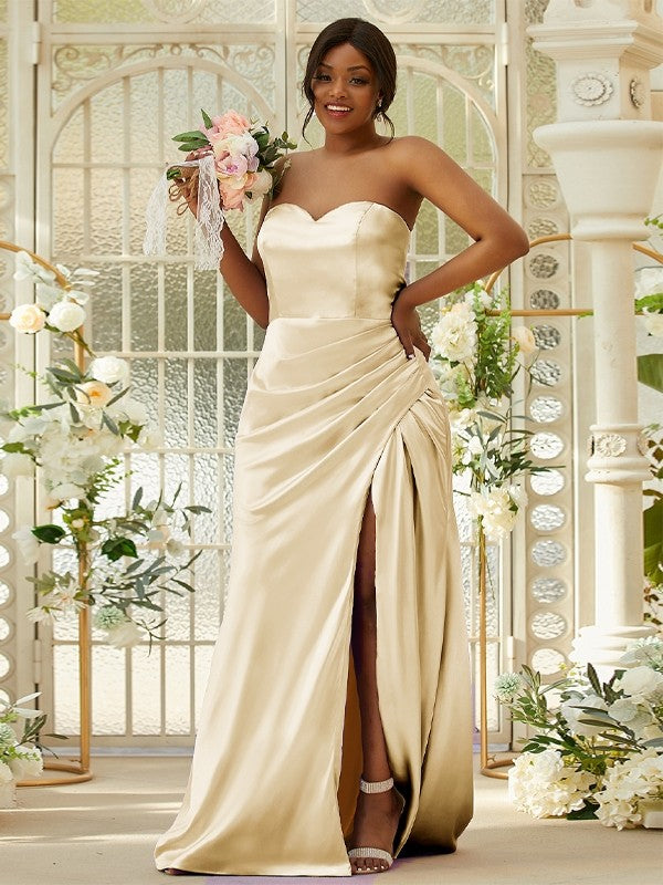 Sheath/Column Silk like Satin Ruched Sweetheart Sleeveless Sweep/Brush Train Bridesmaid Dresses Evening Dress