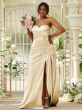 Sheath/Column Silk like Satin Ruched Sweetheart Sleeveless Sweep/Brush Train Bridesmaid Dresses Evening Dress