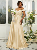 A-Line/Princess Silk like Satin Ruffles Off-the-Shoulder Sleeveless Sweep/Brush Train Bridesmaid Dresses Evening Dress