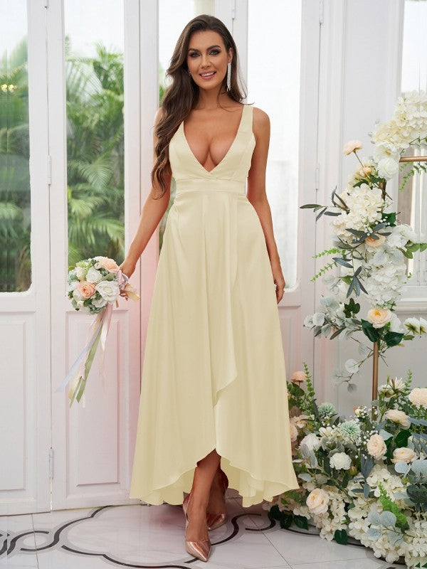 A-Line/Princess Silk like Satin Ruffles V-neck Sleeveless Ankle-Length Bridesmaid Dresses Prom Dress