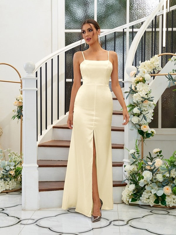 A-Line/Princess Silk like Satin Ruffles Spaghetti Straps Sleeveless Floor-Length Bridesmaid Dresses Evening Dress