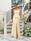 A-Line/Princess Silk like Satin Ruffles Spaghetti Straps Sleeveless Floor-Length Bridesmaid Dresses Evening Dress