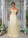 A-Line/Princess Silk like Satin Ruched Sweetheart Sleeveless Sweep/Brush Train Bridesmaid Dresses Evening Dress
