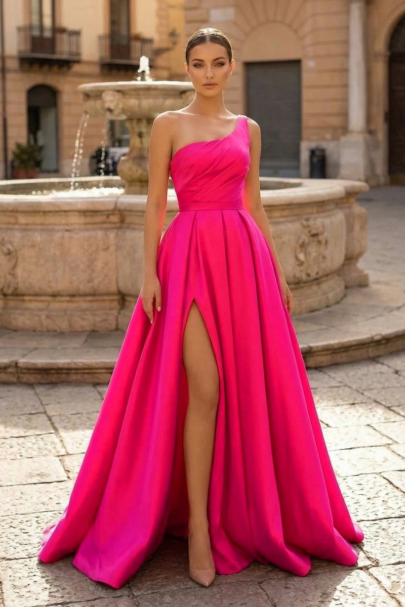 Charming A Line One Shoulder Fuchsia Satin Long Prom Dresses with Slit