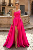 Charming A Line One Shoulder Fuchsia Satin Long Prom Dresses with Slit