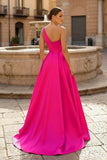 Charming A Line One Shoulder Fuchsia Satin Long Prom Dresses with Slit