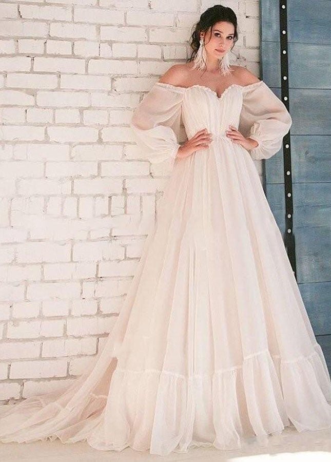 White Bohemian Unique  Sweetheart Long-Sleeve Wedding Dresses