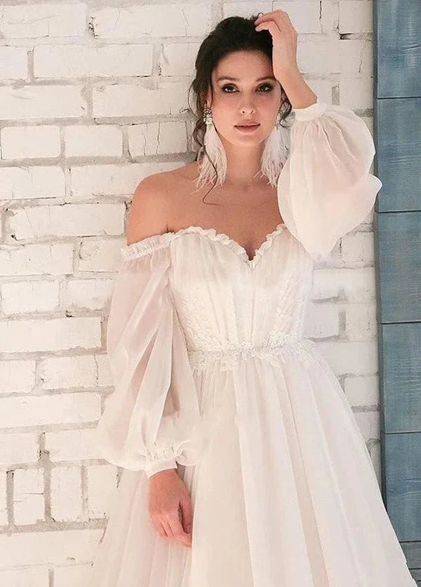White Bohemian Unique  Sweetheart Long-Sleeve Wedding Dresses