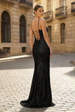Charming Mermaid Spaghetti Straps Gold Sequins Long Prom Dresses with Slit