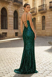 Charming Mermaid Spaghetti Straps Gold Sequins Long Prom Dresses with Slit