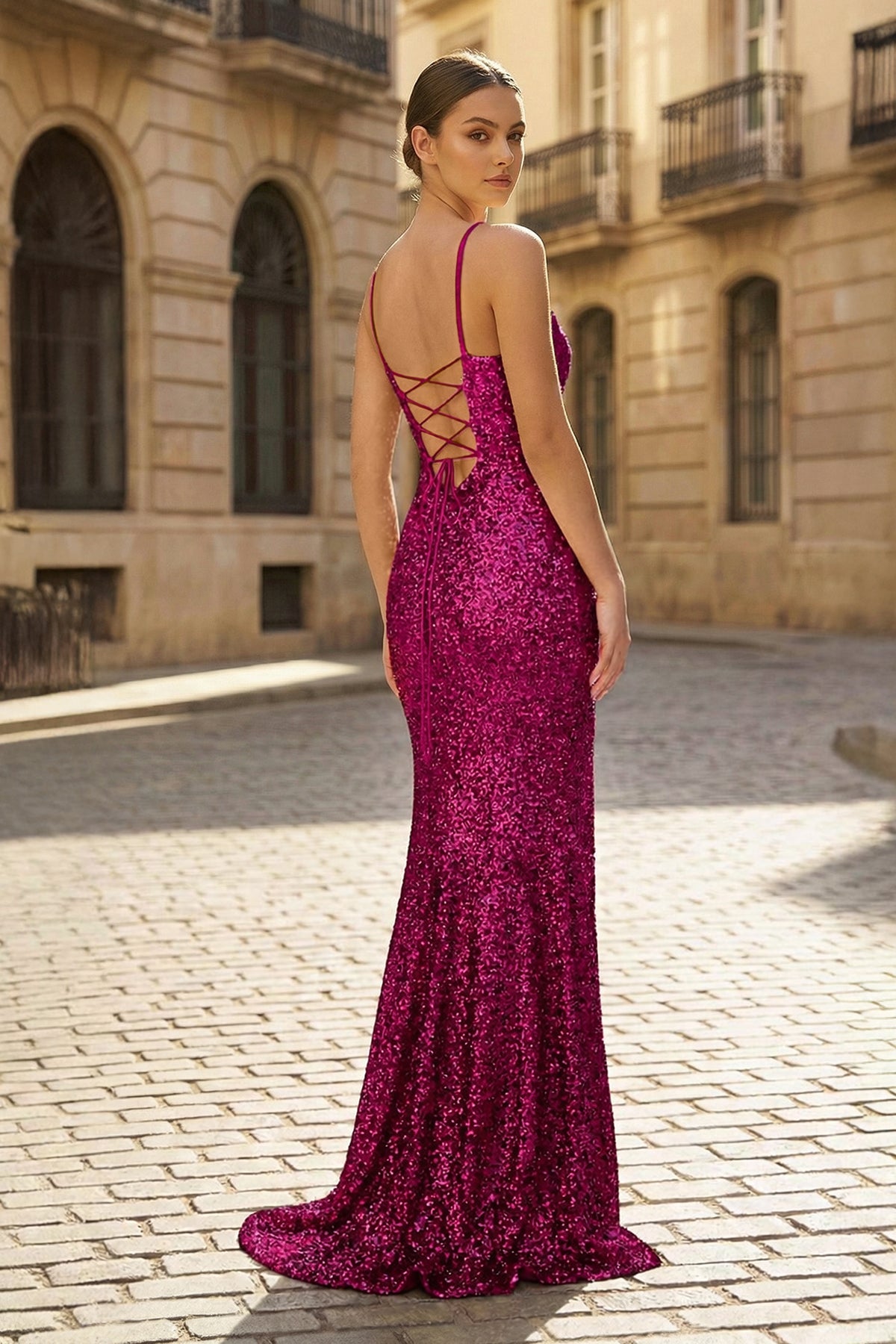 Charming Mermaid Spaghetti Straps Gold Sequins Long Prom Dresses with Slit