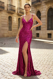 Charming Mermaid Spaghetti Straps Gold Sequins Long Prom Dresses with Slit