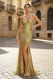 Charming Mermaid Spaghetti Straps Gold Sequins Long Prom Dresses with Slit