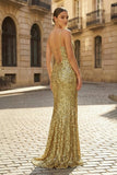 Charming Mermaid Spaghetti Straps Gold Sequins Long Prom Dresses with Slit