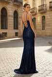 Charming Mermaid Spaghetti Straps Gold Sequins Long Prom Dresses with Slit