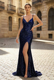 Charming Mermaid Spaghetti Straps Gold Sequins Long Prom Dresses with Slit
