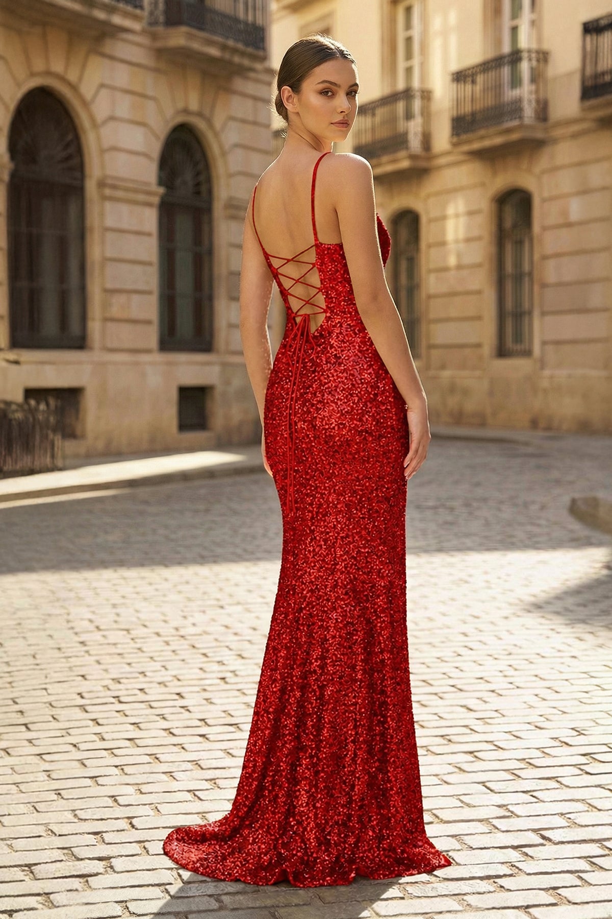 Charming Mermaid Spaghetti Straps Gold Sequins Long Prom Dresses with Slit