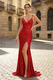 Charming Mermaid Spaghetti Straps Gold Sequins Long Prom Dresses with Slit