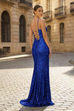 Charming Mermaid Spaghetti Straps Gold Sequins Long Prom Dresses with Slit