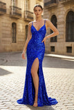 Charming Mermaid Spaghetti Straps Gold Sequins Long Prom Dresses with Slit