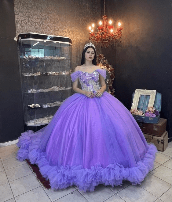 Ball Gown Organza Off-the-Shoulder  Purple Quinceanera Dress