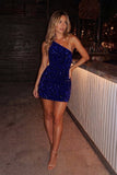 Blue Bodycon One Shoulder Sequins Mini Party Dresses