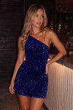 Blue Bodycon One Shoulder Sequins Mini Party Dresses