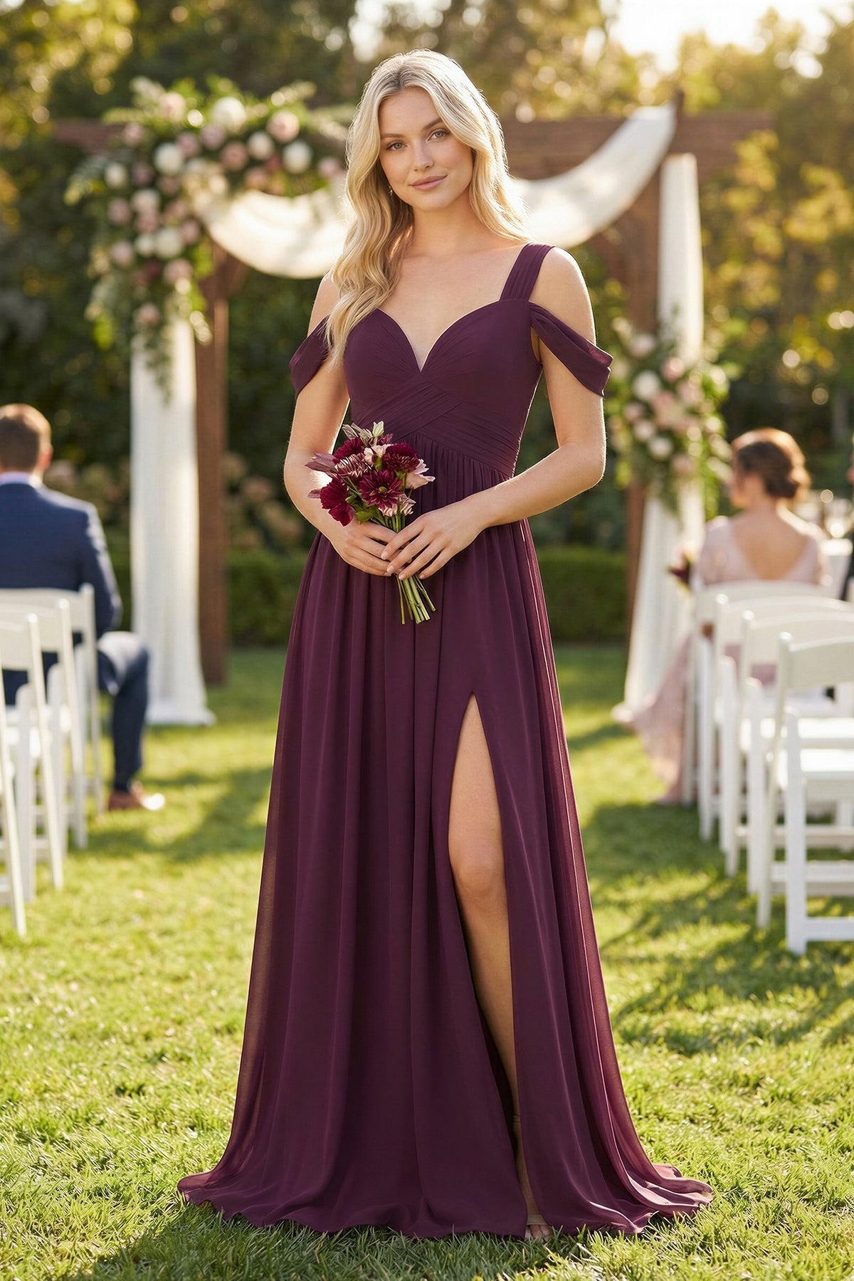 Chiffon A-Line Bridesmaid Dress with Slit in Fig