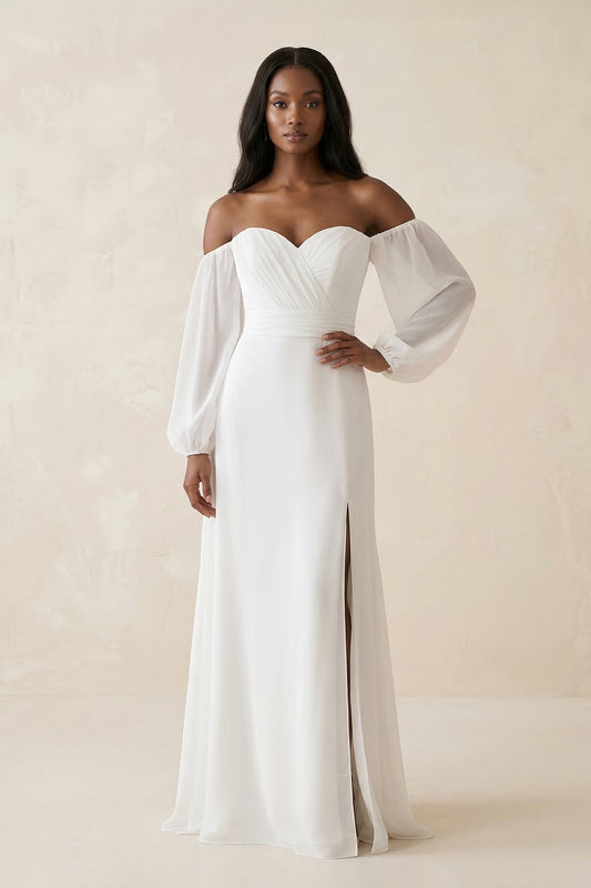 Chiffon Sheath Off-the-Shoulder Wedding Dress With Slit in White