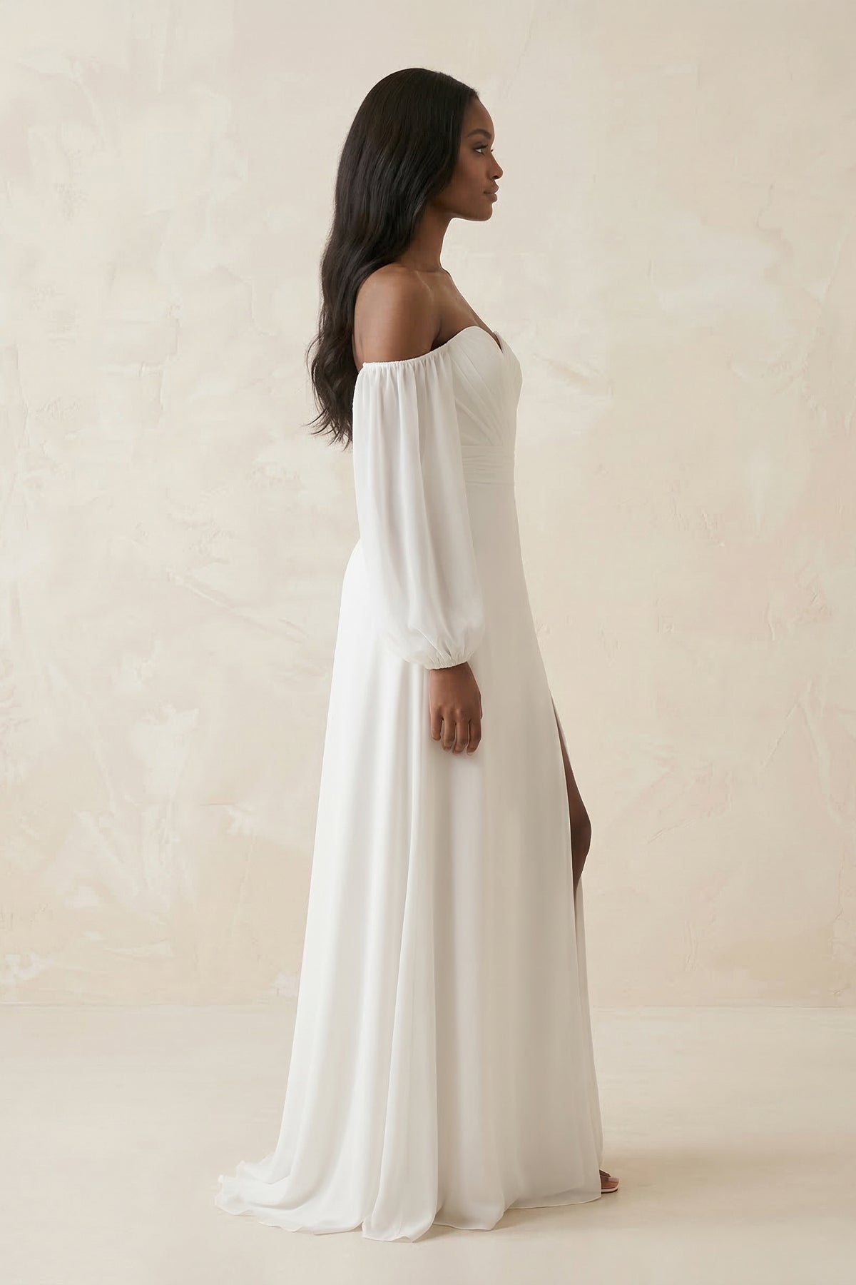 Chiffon Sheath Off-the-Shoulder Wedding Dress With Slit in White