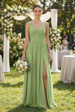 Chiffon A-Line Pleated Bridesmaid Dress in Matcha
