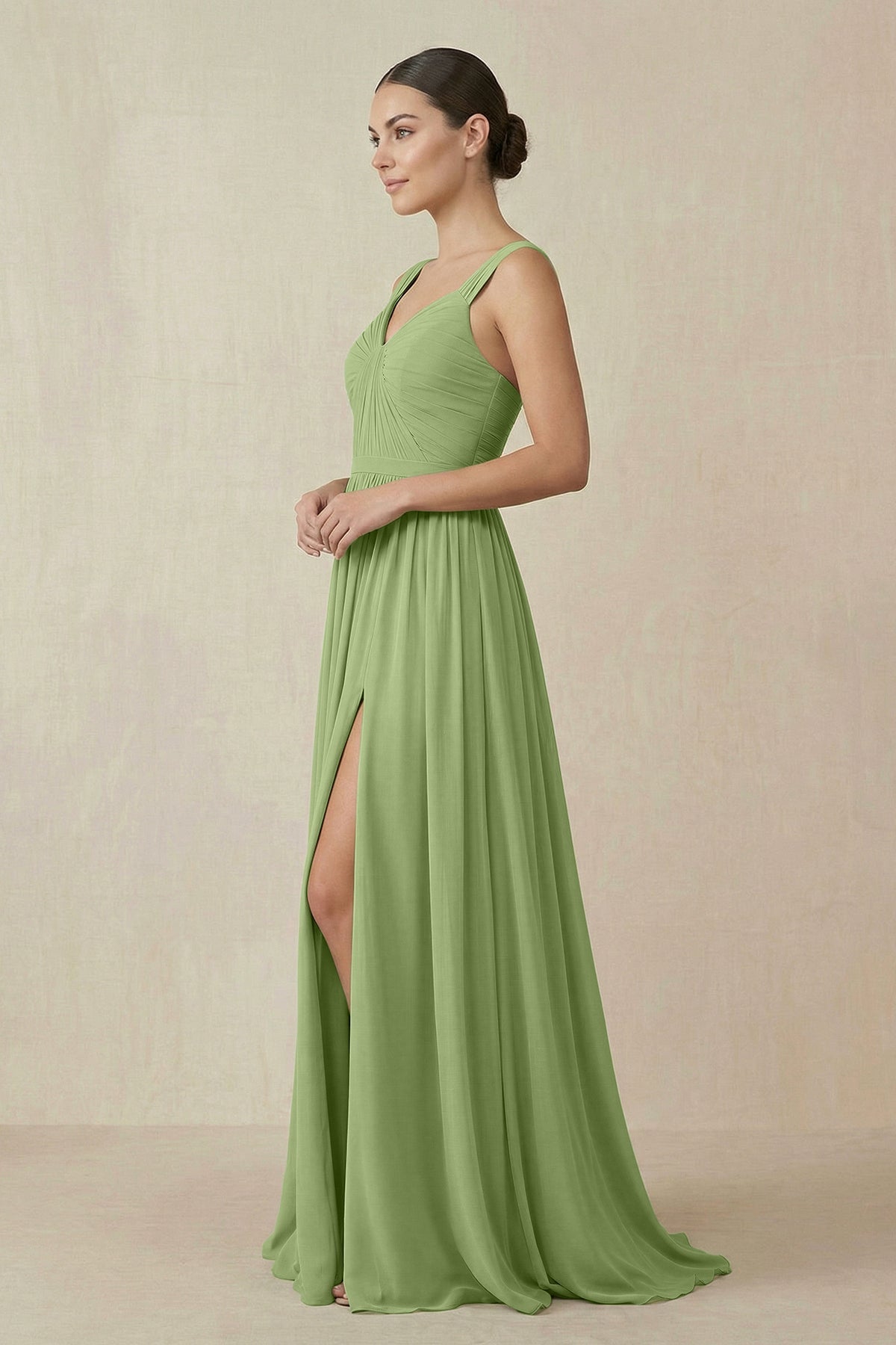 Chiffon A-Line Pleated Bridesmaid Dress in Matcha
