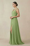 Chiffon A-Line Pleated Bridesmaid Dress in Matcha