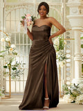 Sheath/Column Silk like Satin Ruched Sweetheart Sleeveless Sweep/Brush Train Bridesmaid Dresses Evening Dress