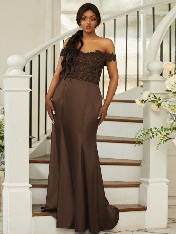 Sheath/Column Silk like Satin Applique Off-the-Shoulder Sleeveless Sweep/Brush Train Bridesmaid Dresses Evening Dress