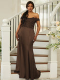 Sheath/Column Silk like Satin Applique Off-the-Shoulder Sleeveless Sweep/Brush Train Bridesmaid Dresses Evening Dress