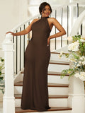 Sheath/Column Silk like Satin Ruched Halter Sleeveless Floor-Length Bridesmaid Dresses Evening Dress