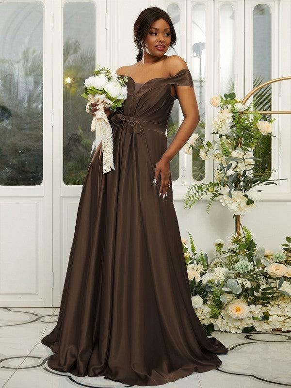 A-Line/Princess Silk like Satin Ruffles Off-the-Shoulder Sleeveless Sweep/Brush Train Bridesmaid Dresses Evening Dress