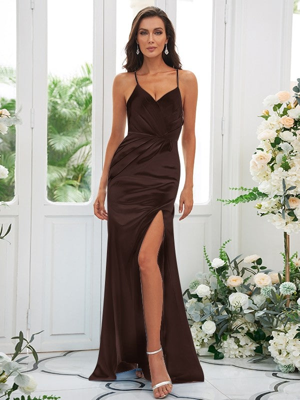 Sheath/Column Silk like Satin Ruched Spaghetti Straps Sleeveless Sweep/Brush Train Bridesmaid Dresses Evening Dress