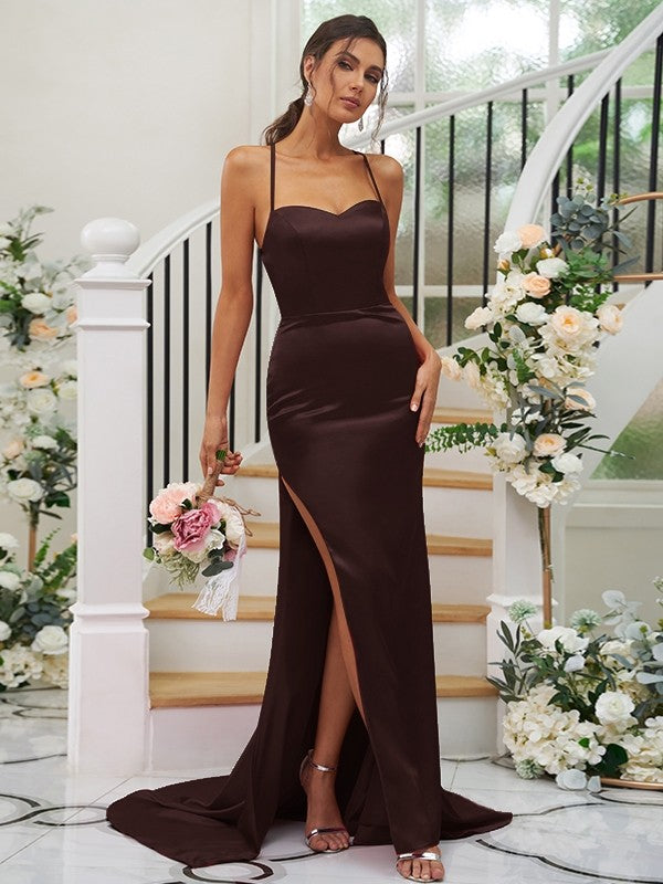 Sheath/Column Silk like Satin Ruched Square Sleeveless Sweep/Brush Train Bridesmaid Dresses Evening Dress
