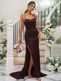Sheath/Column Silk like Satin Ruched Square Sleeveless Sweep/Brush Train Bridesmaid Dresses Evening Dress