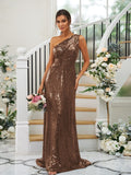 Sheath/Column Sequins Ruched One-Shoulder Sleeveless Sweep/Brush Train Bridesmaid Dresses Evening Dress