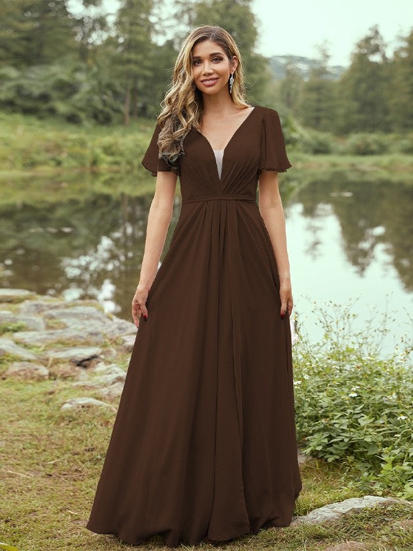 A-Line/Princess Chiffon Ruffles V-neck Short Sleeves Floor-Length Bridesmaid Dresses Evening Prom Dress